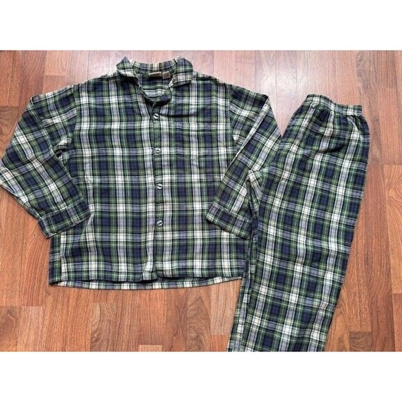LL Bean Scotch Plaid Flannel Pajama Shirt Pants Set 107923 Men XL Blue Green - Picture 1 of 10